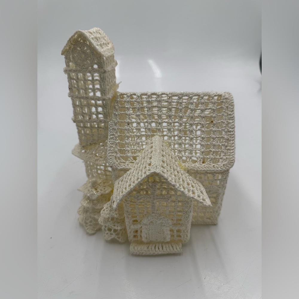 Crochet Starched Church wTrees Clock Tower Winter Holiday Hand Made White